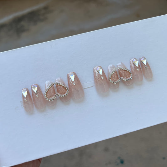 10 pcs customized hand painted coffin fake press on nail luxury flash heart style diamond crystal Rhinestones for party